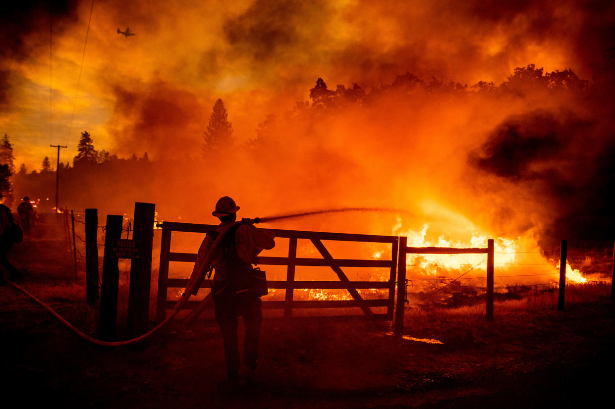 A firefighter extinguishes flames as the Oak Fire crosses Darrah Rd. in Mariposa County, on July 22. Crews were able to to stop the blaze from reaching an adjacent home.<span class="copyright">Noah Berger—AP</span>