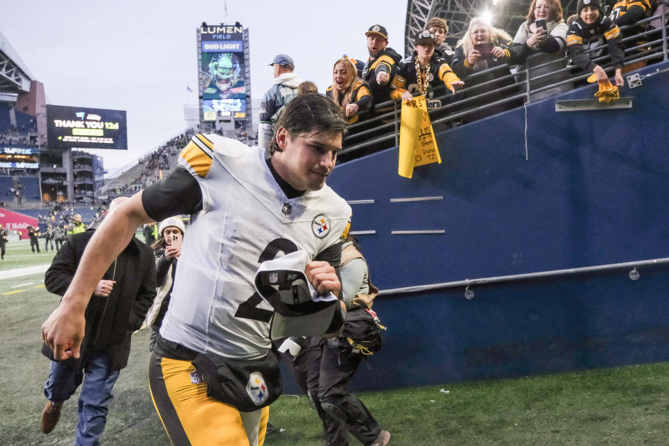 SEATTLE, WASHINGTON – DECEMBER 31: Mason Rudolph #2 of the Pittsburgh Steelers leaves the field after beating the Seattle Seahawks 30-23 at Lumen Field on December 31, 2023 in Seattle, Washington. (Photo by Conor Courtney/Getty Images)
