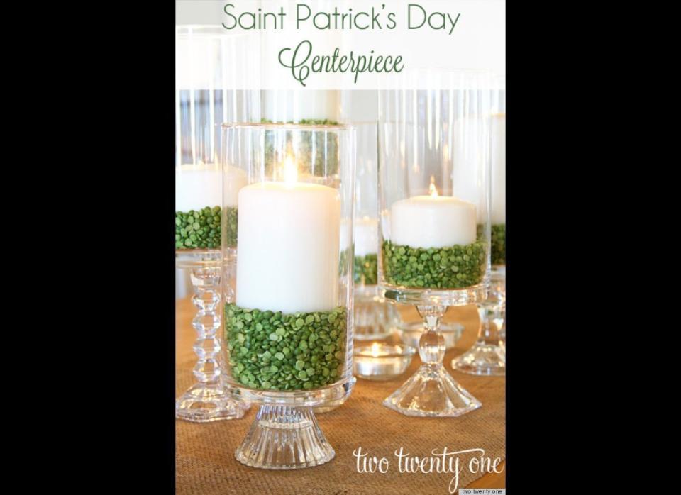 Make <a href="http://www.huffingtonpost.com/2013/03/13/st-patricks-day-ideas-candle-centerpiece_n_2854731.html?utm_hp_ref=huffpost-home&ir=HuffPost Home?utm_hp_ref=huffpost-home&ir=HuffPost Home" target="_hplink">a candle centerpiece</a> with green split peas for St. Patrick's Day.