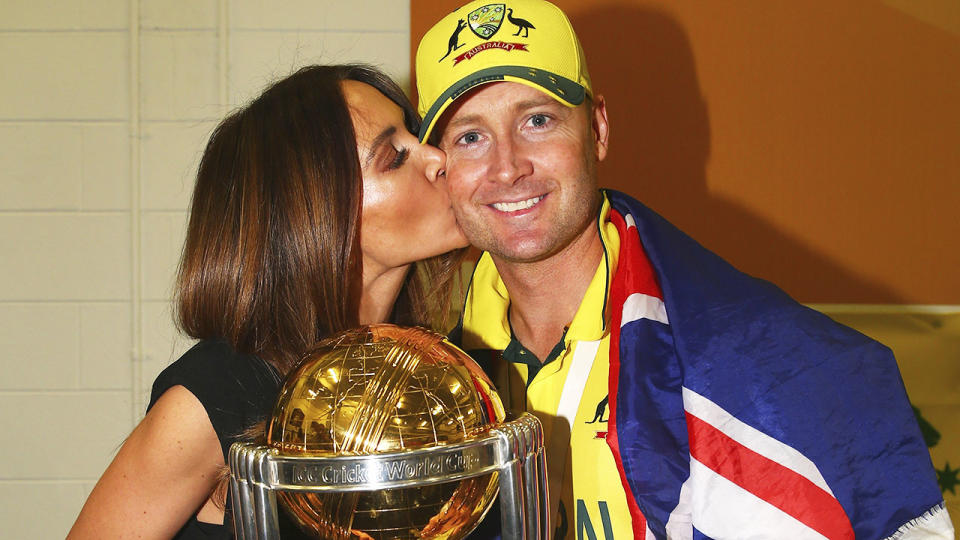 Michael and Kyly Clarke, pictured here after Australia's triumph in the 2015 Cricket World Cup final.