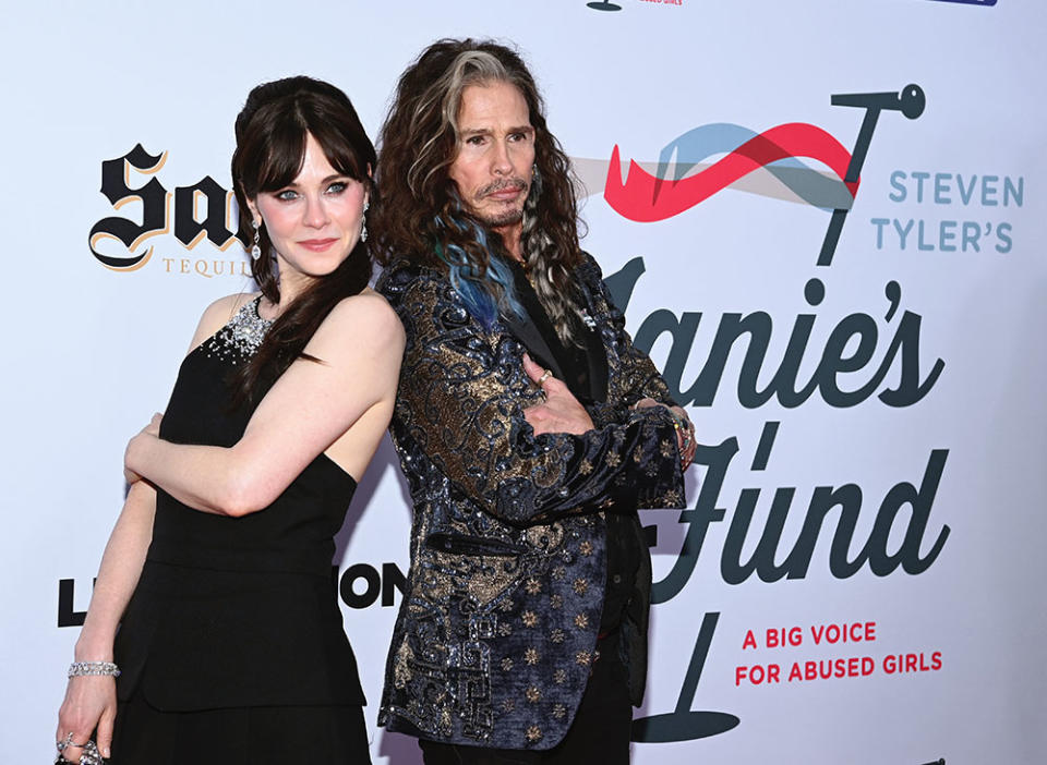 Zooey Deschanel and Steven Tyler attend the Jam for Janie GRAMMY Awards Viewing Party presented by Live Nation at Hollywood Palladium on February 04, 2024 in Los Angeles, California.