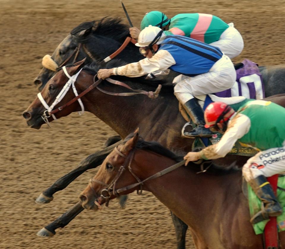 Giacomo, on the outside, fights for the lead against Closing Argument, #18, and Afleet Alex, #12, as they fought their way to the finish line in the 131st Kentucky Derby. Giacomo won the race at 50-1. Both Closing Argument and Afleet Alex raced at Delaware Park before the Derby.