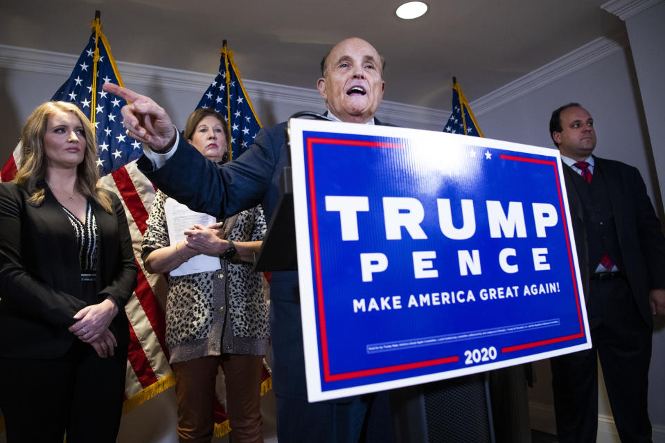 Rudolph Giuliani, attorney for President Donald Trump, conducts a news conference at the Republican National Committee on lawsuits regarding the outcome of the 2020 presidential election on Thursday, November 19, 2020.  / Credit: Tom Williams/CQ-Roll Call, Inc via Getty Images