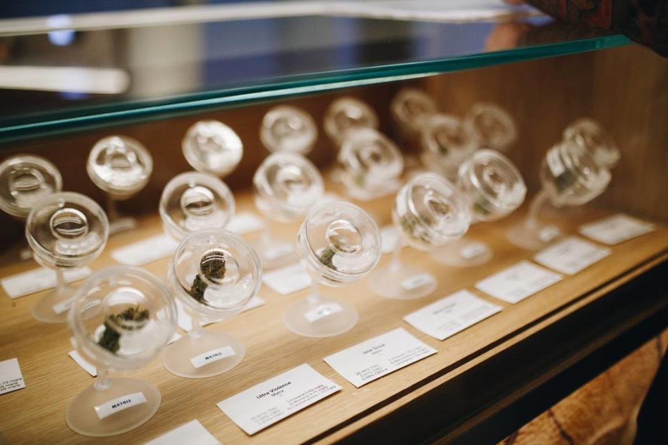 Individual cannabis strains in a case inside the Planet 13 dispensary in Las Vegas.