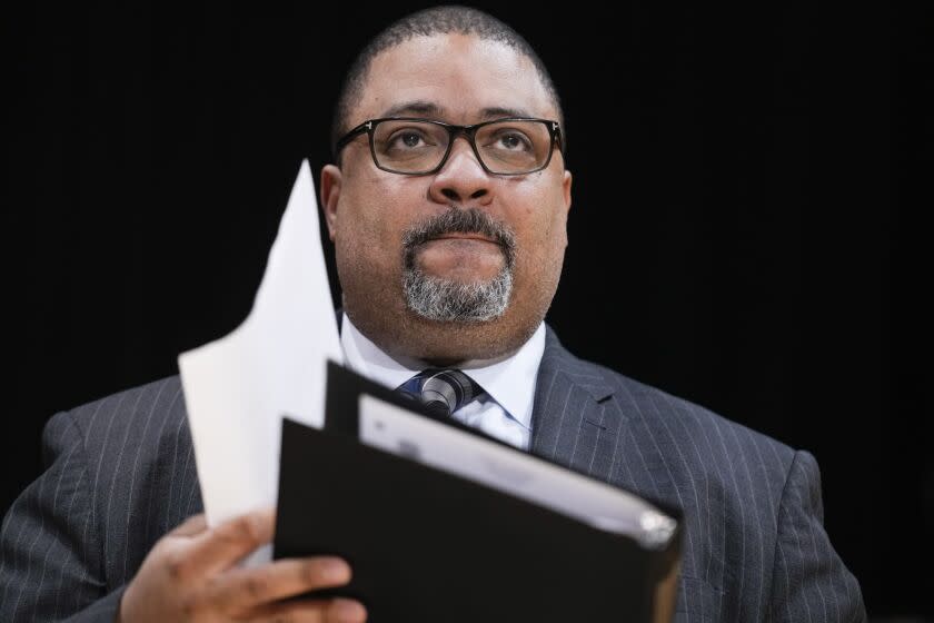 FILE - Manhattan District Attorney Alvin Bragg listens at news conference in New York, Feb. 7, 2023. (AP Photo/Seth Wenig, File)