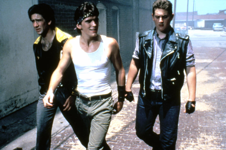 American actors Nicolas Cage, Matt Dillon and Chris Penn on the set of Rumble Fish, written, directed, and produced by Francis Ford Coppola. (Photo by Sunset Boulevard/Corbis via Getty Images)