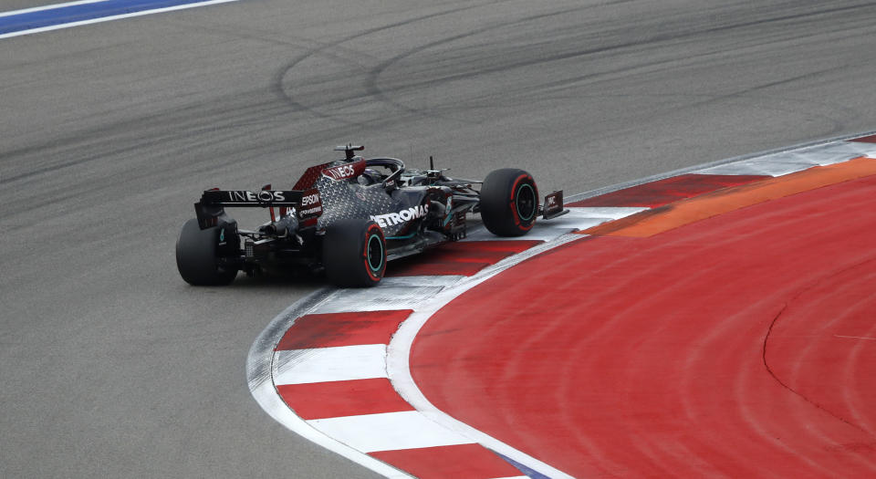 Mercedes driver Lewis Hamilton of Britain during the qualifying session for the upcoming Russian Formula One Grand Prix, at the Sochi Autodrom circuit, in Sochi, Russia, Saturday, Sept. 26, 2020. The Russian Formula One Grand Prix will take place on Sunday. (AP Photo/Pavel Golovkin, Pool)