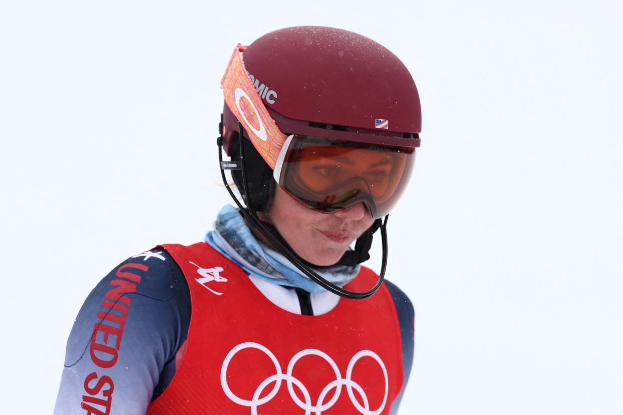 USA's Mikaela Shiffrin reacts after failing to finish the womens alpine combined slalom event during the 2022 Winter Olympic Games at the Yanqing National Alpine Skiing Centre in Yanqing on February 17, 2022. (DIMITAR DILKOFF/AFP via Getty Images)