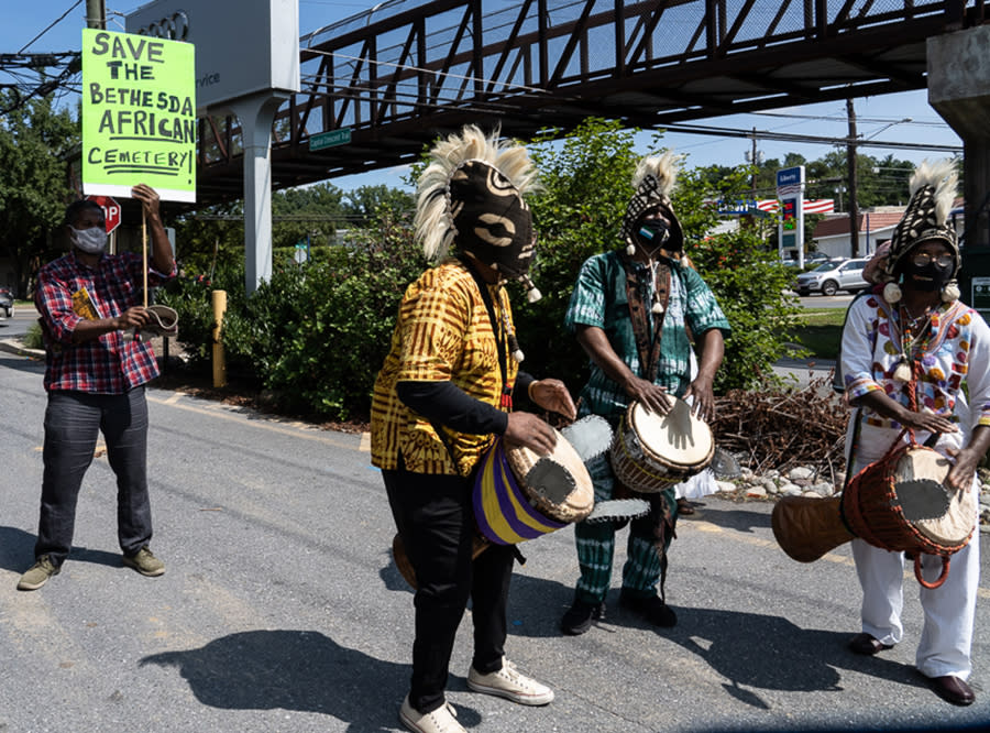 Supporters of the Bethesda African Cemetery Coalition perform Sept. 10 to raise awareness of the Moses African Cemetery in Bethesda, Md. (Gail Rebhan)