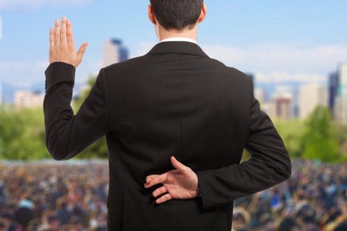 <span class="caption">Honest, guv.</span> <span class="attribution"><a class="link " href="https://www.shutterstock.com/image-photo/politician-swearing-oath-fingers-crossed-behind-146004131?src=fd1cde16-f440-43b1-9bfb-f086dc17dcdf-1-0" rel="nofollow noopener" target="_blank" data-ylk="slk:Shutterstock/Minerva Studio;elm:context_link;itc:0;sec:content-canvas">Shutterstock/Minerva Studio</a></span>