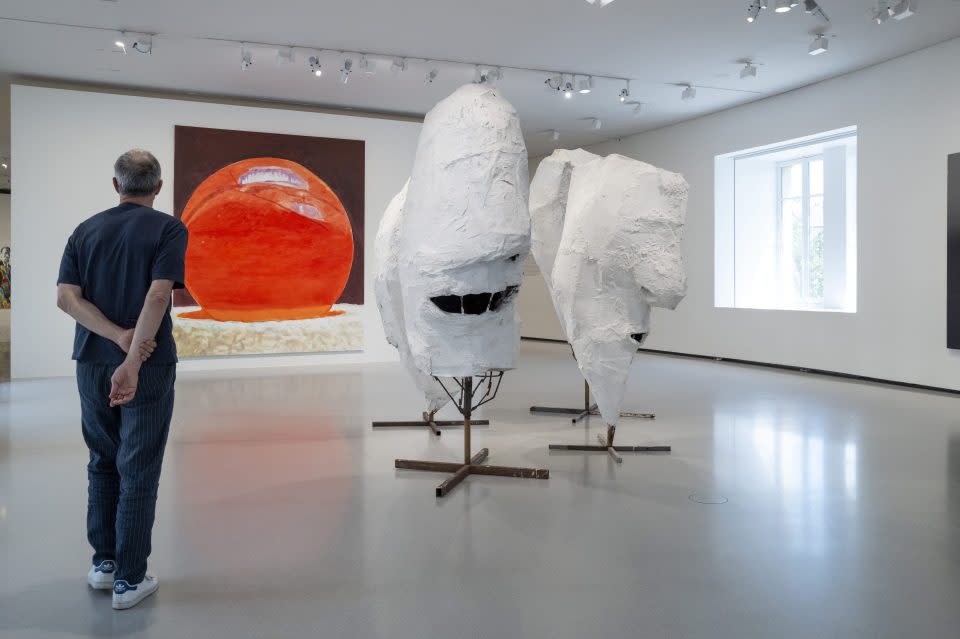 PARIS, FRANCE - JULY 19:  Works by Franz West, Lemurenköpfe (1992) and Luc Tuymans, Eternity, 2021, are displayed during the Exhibition Le Monde Comme Il Va Exhibition At Bourse De Commerce Pinault Collection  on July 19, 2024 in Paris, France (Photo by Luc Castel/GettyImages)