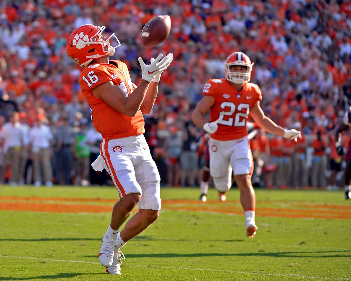 Clemson wide receiver Will Taylor (16) catches a punt in the first half of an NCAA college football game against South Carolina State on Saturday, Sept. 11, 2021, in Clemson, S.C. (AP Photo/Edward M. Pio Roda)