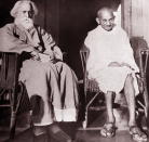 Mohandas Karamchand Gandhi (1869 - 1948) With Rabindranath Tagore at Santiniketan, 1940. Gandhi was the preeminent leader of the Indian independence movement in British-ruled India. Rabindranath Tagore (1861 -1941) was a Bengali polymath, philosopher and author. (Photo by: Universal History Archive/ Universal Images Group via Getty Images)