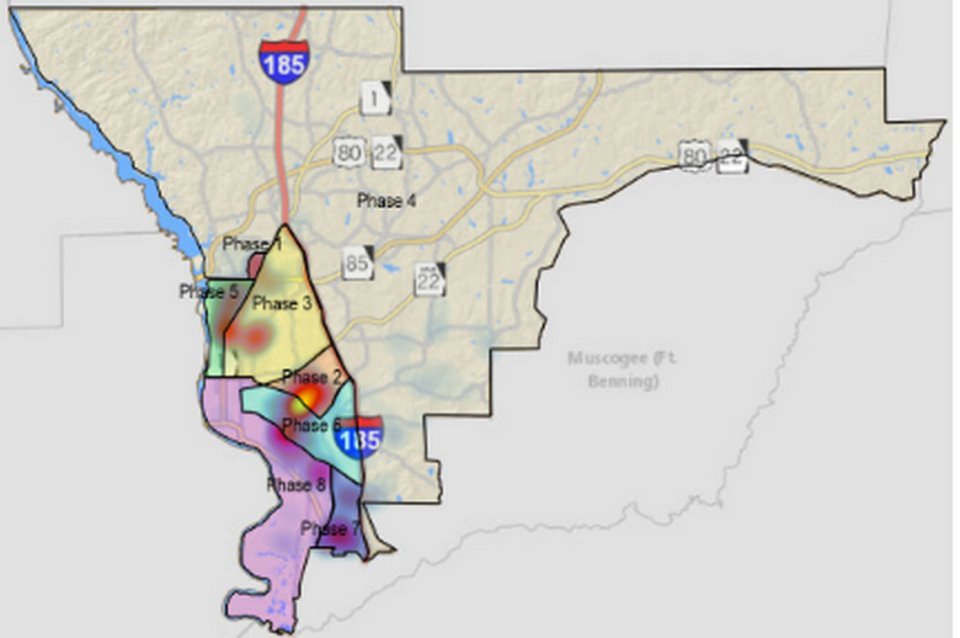 The heat map created by the Land Bank Authority Real Estate Specialist shows the different phases the department plans to release available land banks. Note there is a central concentration in each phase.