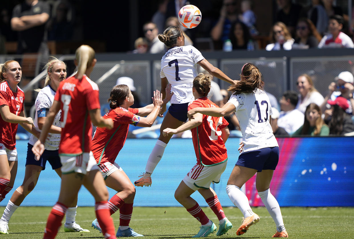SAN JOSE, CALIFORNIA - JULY 09: Alyssa Thompson #7 of the USA Women's National Team hits a header to make a pass against the Wales National Team in the first half of the Send Off Match at PayPal Park on July 09, 2023 in San Jose, California. (Photo by Thearon W. Henderson/Getty Images)