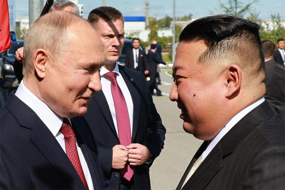 September 13, 2023: In this pool photo distributed by Sputnik agency, Russia's President Vladimir Putin (L) shakes hands with North Korea's leader Kim Jong Un during their meeting at the Vostochny Cosmodrome in Amur region. Russian President Vladimir Putin and North Korean leader Kim Jong Un both arrived at the Vostochny Cosmodrome in Russia's Far East, Russian news agencies reported on September 13, ahead of planned talks that could lead to a weapons deal.