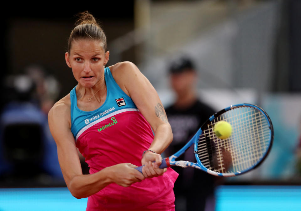 Karolina Pliskova, furious over a blown call at a critical juncture in an Italian Open loss, smashed a hole in the umpire’s chair with her racket. (Reuters)