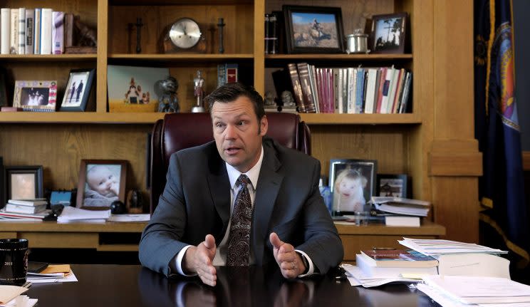 Kansas Secretary of State Kris Kobach talks about his state’s voter ID law that he pushed to combat what he believes to be rampant voter fraud in the U.S. (Photo: Reuters/Dave Kaup)