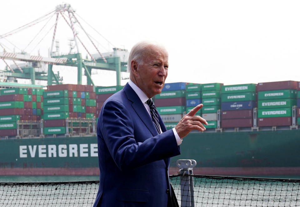 President Biden walks after speaking during a visit to the Port of Los Angeles, during the Ninth Summit of the Americas in Los Angeles, June 10, 2022. REUTERS/Kevin Lamarque