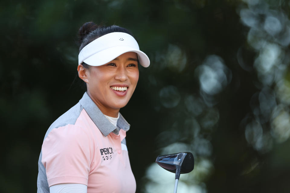 Amy Yang of Korea smiles plays her shot from the 11th tee during the third round of the CME Group Tour Championship at Tiburon Golf Club on November 18, 2023 in Naples, Florida. (Photo by Michael Reaves/Getty Images)
