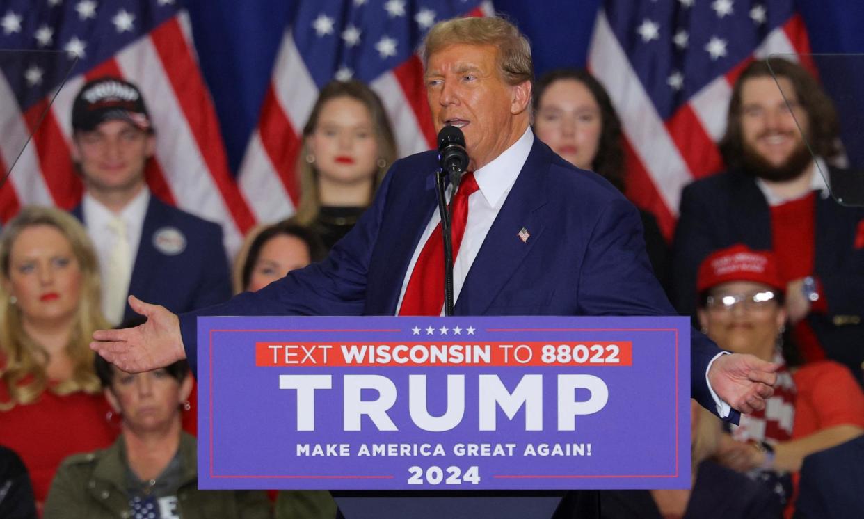 <span>Donald Trump speaks at a campaign rally in Green Bay, Wisconsin, on 2 April 2024.</span><span>Photograph: Brian Snyder/Reuters</span>