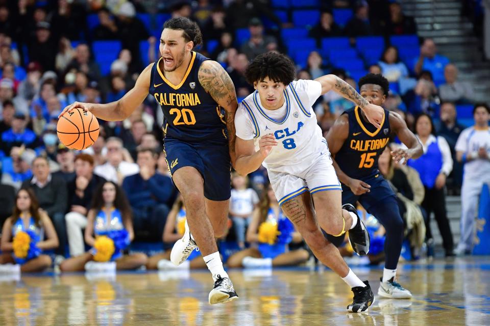 California Golden Bears guard Jaylon Tyson (20) moves the ball ahead of UCLA Bruins guard Ilane Fibleuil (8) during the second half at Pauley Pavilion Jan. 6, 2024, in Los Angeles.