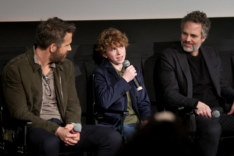 Actors, from left, Ryan Reynolds, Walker Scobell and Mark Ruffalo, and director Shawn Levy participate in the Q&A during "The Adam Project" New York Special Screening at Metrograph on Feb. 9, 2022, in New York City.