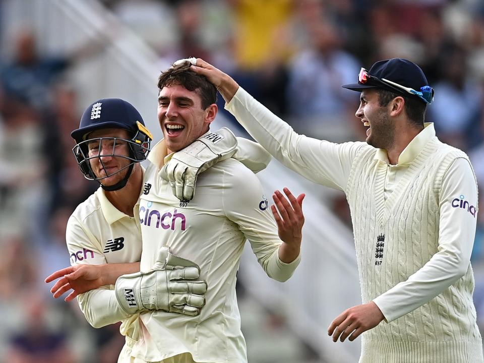 Dan Lawrence of England celebrates taking the wicket of Will Young of New Zealand (Getty)