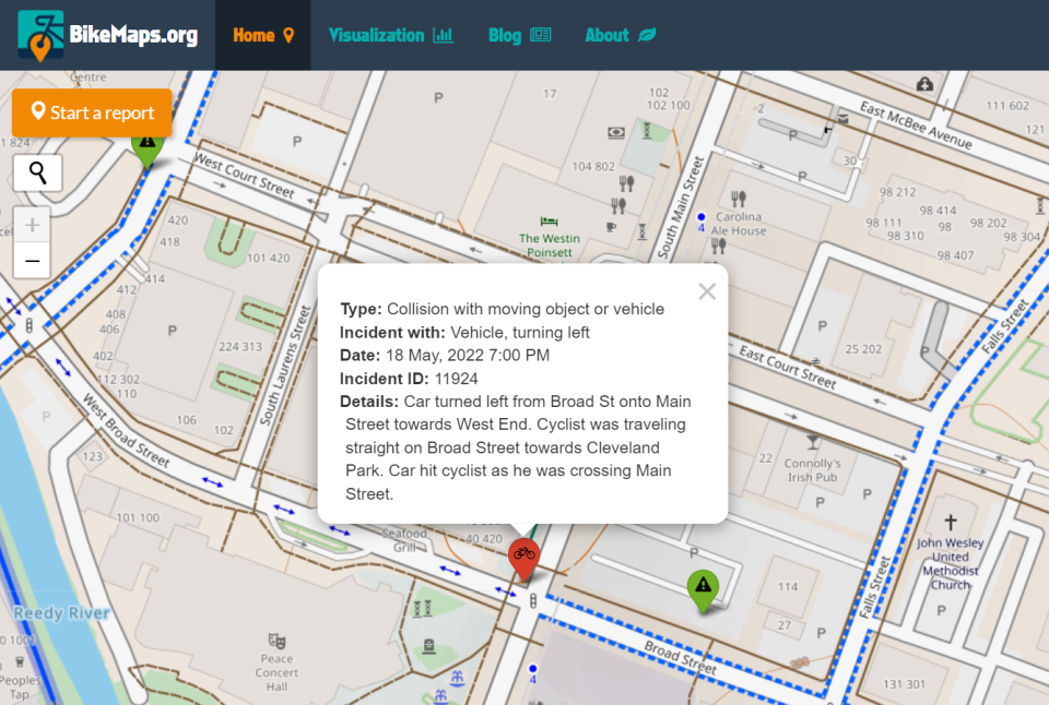 BikeMaps.org, a community engagement tool that allows bicyclists to map out collisions, hazards and more shows a recent collision on Main Street and Broad Street.