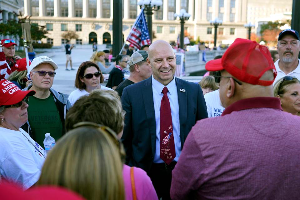 Pennsylvania state Sen. Doug Mastriano (R-Franklin) speaking to supporters of then-President Donald Trump as they demonstrated outside the Pennsylvania State Capitol, Saturday, Nov. 7, 2020, in Harrisburg, Pa. Mastriano recently sponsored a bill to prohibit state agencies and political subdivisions from requiring COVID-19 vaccinations.