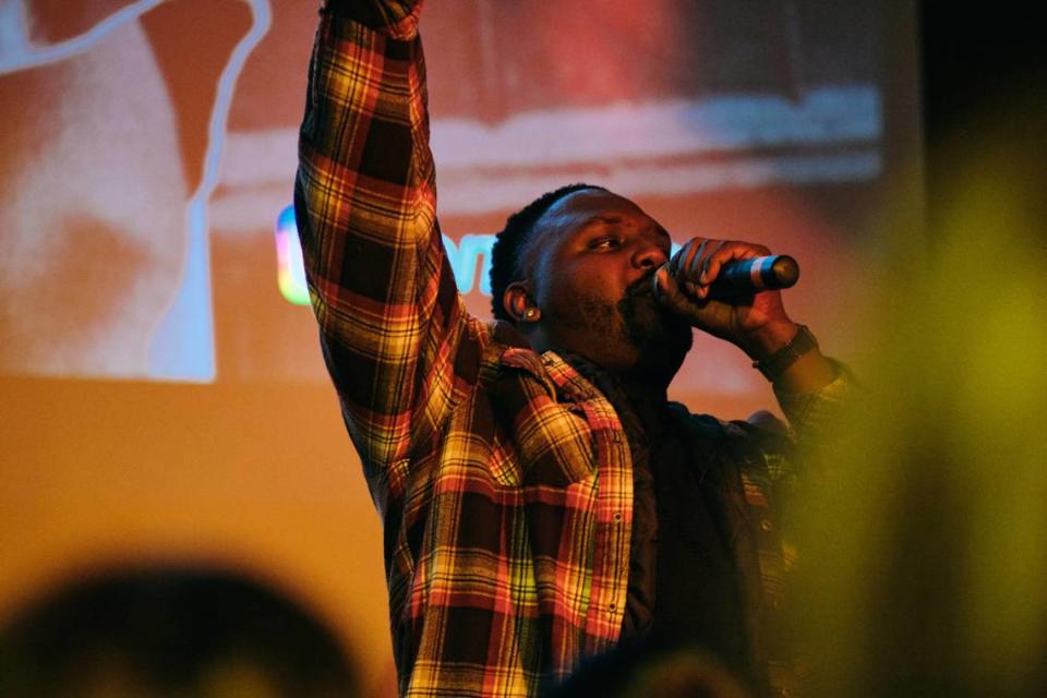 Rapper Kijon performs at Whitman College as an opener during PNW Superheroes, a part of the Power and Privilege Symposium.