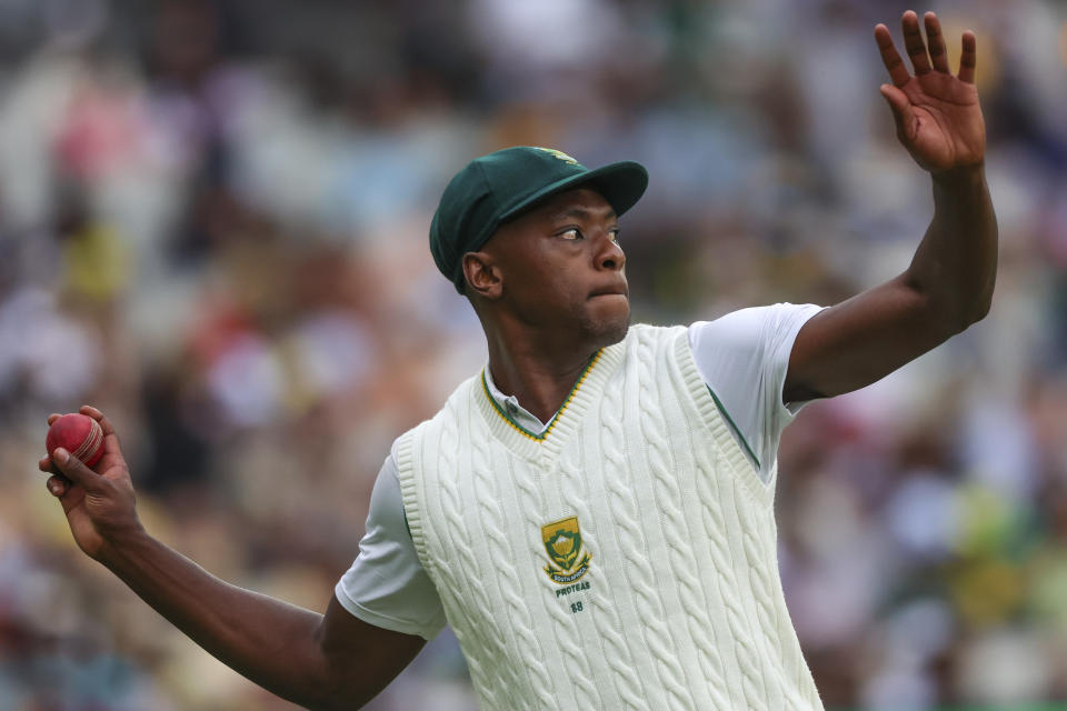 South Africa's Kagiso Rabada fields during the second cricket test between South Africa and Australia at the Melbourne Cricket Ground, Australia, Wednesday, Dec. 28, 2022. (AP Photo/Asanka Brendon Ratnayake)