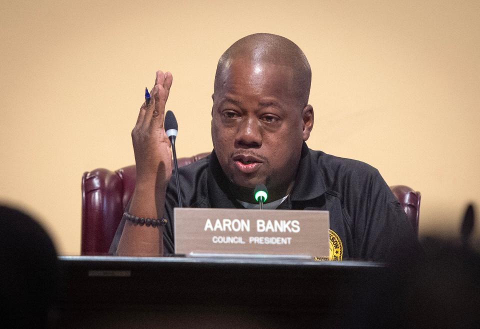 During a Jackson City Council budget meeting, Council President Aaron Banks discusses funding and revenue issues for the Jackson Zoo Wednesday, Aug. 16, 2023.