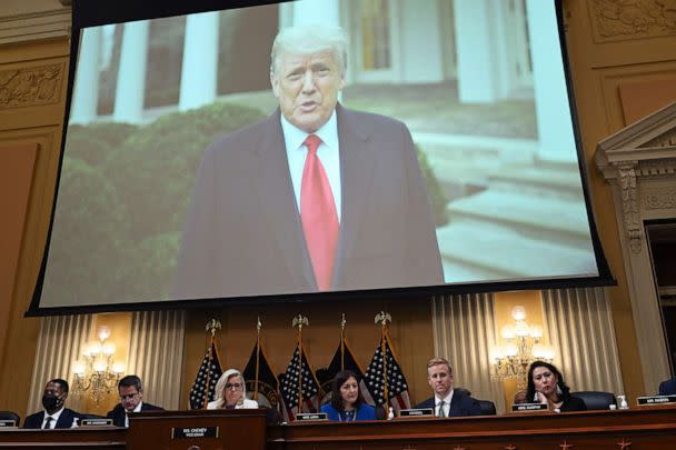 PHOTO: A video of former President Donald Trump plays on screen during a hearing by the House Select Committee to investigate the Jan. 6 attack on the U.S. Capitol, July 21, 2022, in Washington, D.C. (Saul Loeb/AFP via Getty Images)