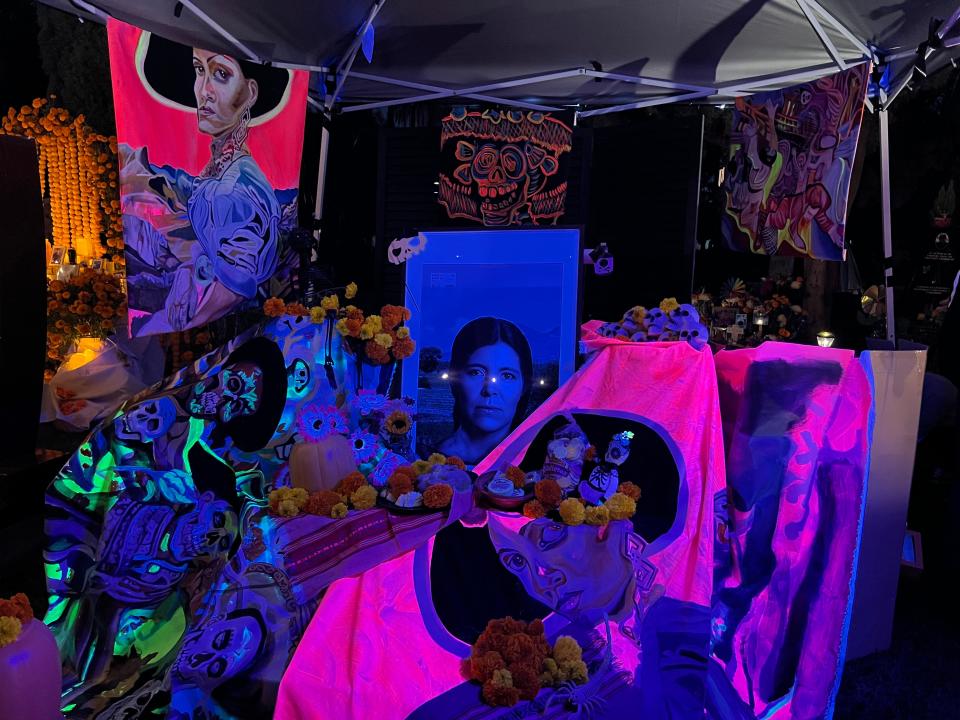 An altar honoring the dead is displayed at the Día de Los Muertos celebration at the Hollywood Forever Cemetery in Los Angeles on Saturday, Oct. 28, 2023.