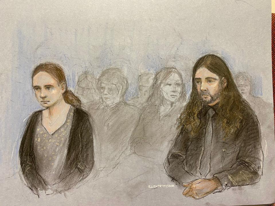 Court artist sketch by Elizabeth Cook of Scarlett Jenkinson and Eddie Ratcliffe, both 16, appearing at Manchester Crown Court to be sentenced for the murder of teenager Brianna Ghey. (PA)