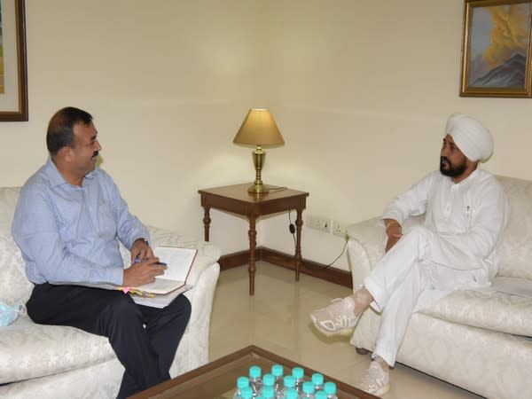 Punjab Chief Minister S Charanjit Singh Channi and Union Secretary Sudhanshu Pandey during a meeting in Chandigarh on Friday. [Photo/ANI]
