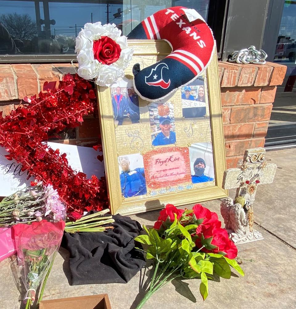 An impromptu memorial for Floyd Morrell Kirt, 51, was placed outside the Stripes convenience store on Southwest Parkway as shown in this Feb. 15, 2022, file photo. Police say Kirt was shot and killed on the morning of Feb. 12, 2022, during a robbery in the store.