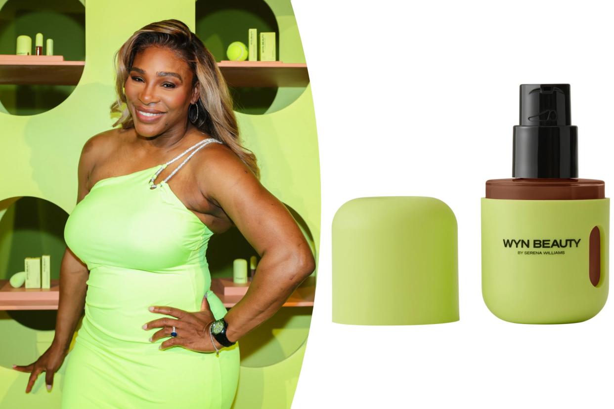Collage of Serena Williams, WYN beauty blenders, and the SPF 30 skin tint from WYN Beauty.