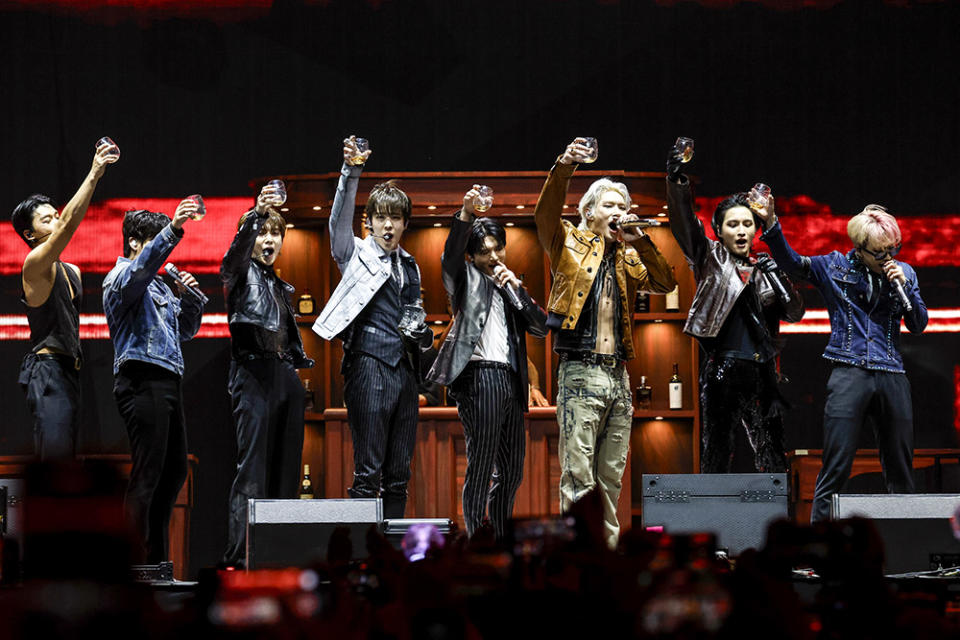 (L-R) San, Choi Jong-ho, Kang Yeo-sang, Jeong Yun-ho, Wooyoung, Song Min-gi, Seonghwa, and Song Min-gi of ATEEZ perform at the Sahara Tent during the 2024 Coachella Valley Music and Arts Festival at Empire Polo Club on April 19, 2024 in Indio, California.