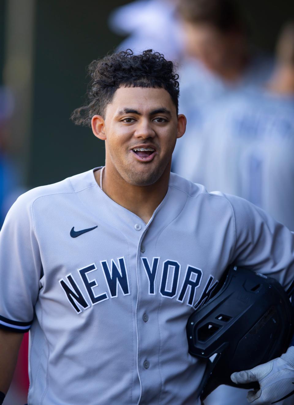 Oct 26, 2022; Surprise, Arizona, USA; New York Yankees designated hitter Jasson Dominguez plays for the Mesa Solar Sox during an Arizona Fall League baseball game at Surprise Stadium. Mandatory Credit: Mark J. Rebilas-USA TODAY Sports