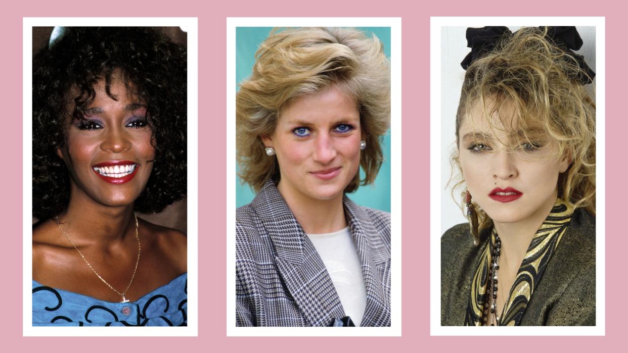  Whitney Houston, Princess Diana and Madonna pictured with '80s makeup looks / in a pink template. 