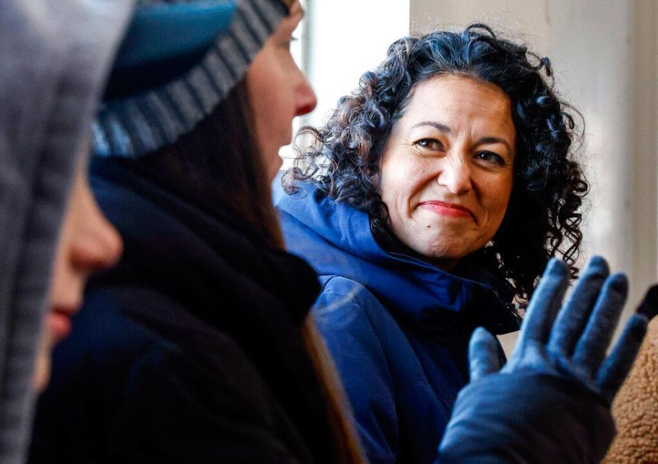 U. S. Department of Agriculture Rural Development Under Secretary Xochitl Torres Small listens to Jenna Schulte in the milking parlor at the dairy farm of parents Austin and Jenna Schulte in rural Norway, Iowa, on Wednesday, Feb. 1, 2023. Torres, a former Democratic congresswoman from New Mexico, has been nominated to serve as the next deputy secretary for the U.S. Department of Agriculture, announced by the agency and members of New Mexico's congressional delegation on Wednesday, Feb. 15, 2023.