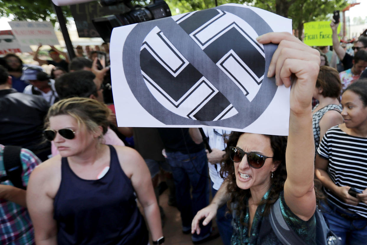 Protesters shout anti-Nazi chants after chasing white supremacist Jason Kessler from a news conference August 13, 2017 in Charlottesville, Virginia.&nbsp; (Photo: Chip Somodevilla via Getty Images)