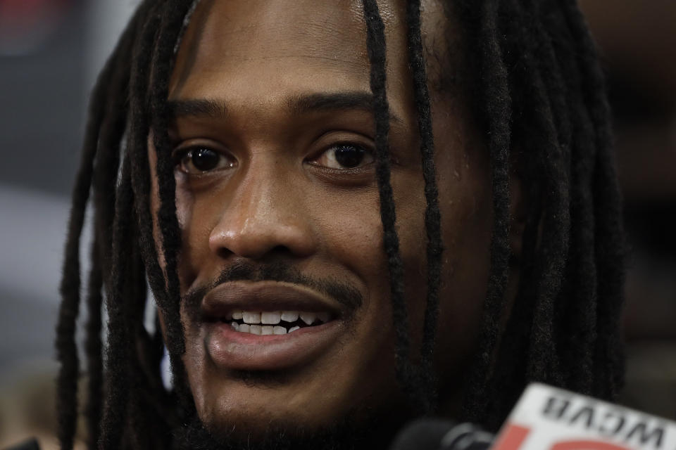 New England Patriots linebacker Dont'a Hightower speaks with reporters in the team's locker room following an NFL football practice, Wednesday, Dec. 18, 2019, in Foxborough, Mass. (AP Photo/Steven Senne)