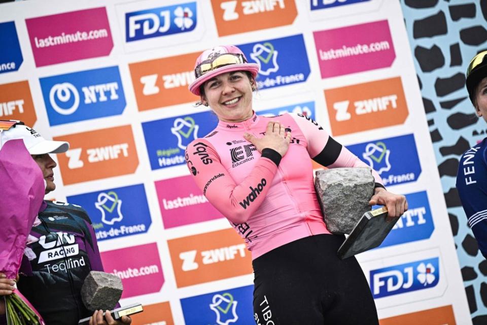 Alison Jackson celebrates winning Paris-Roubaix 2023