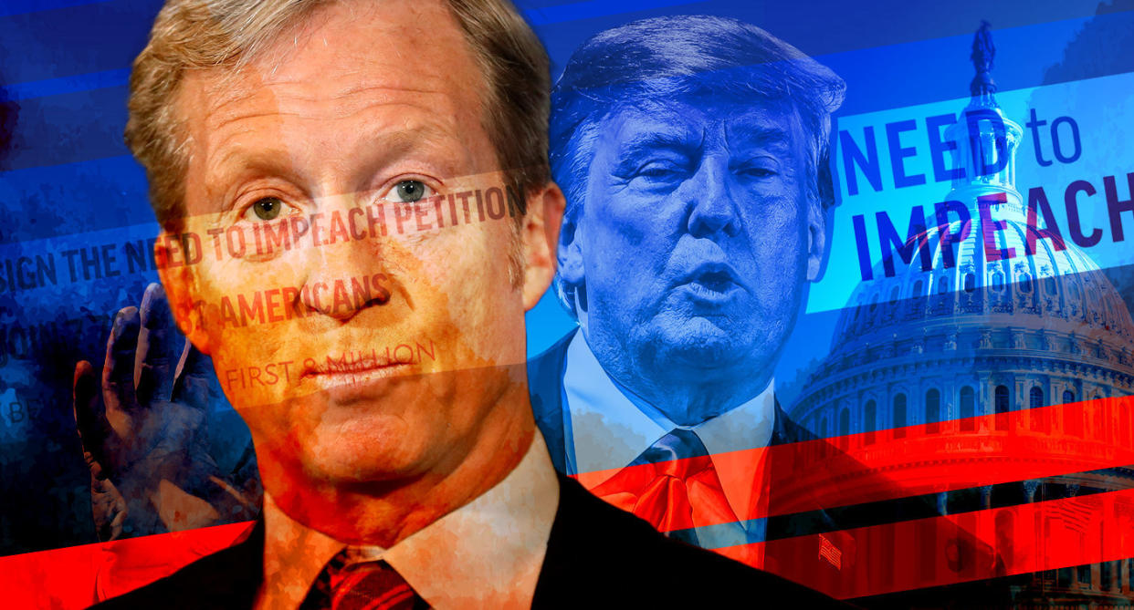 Tom Steyer and Donald Trump: Photo illustration: Yahoo News; photos: photos: AP (2), Getty Images)