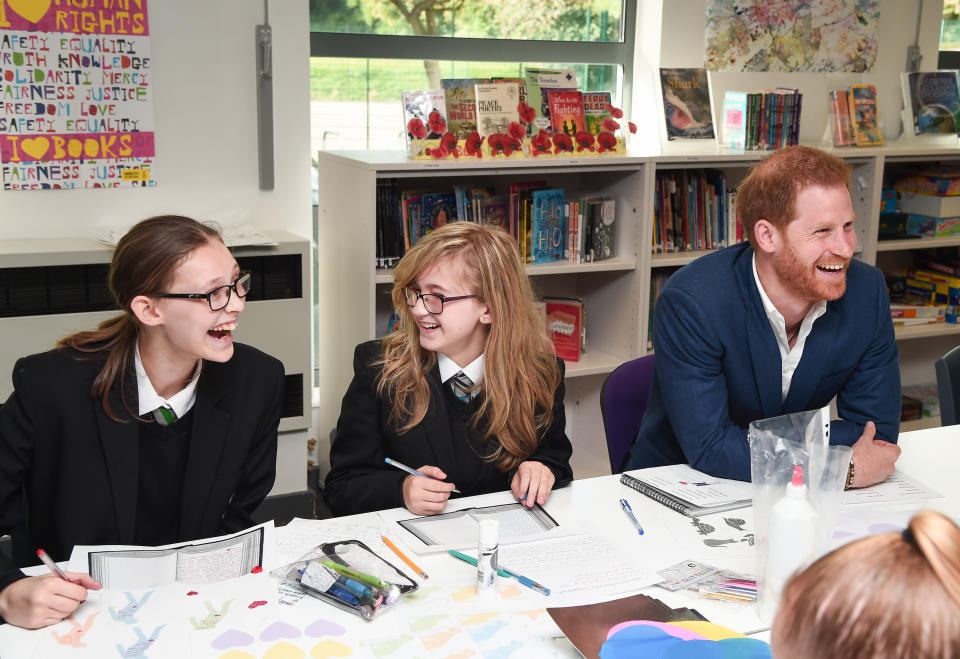 NOTTINGHAM, ENGLAND - OCTOBER 10: Prince Harry, Duke of Sussex meets Year 7 and Year 8 students during his visit to Nottingham Academy, to mark World Mental Health Day on October 10, 2019 in Nottingham, England. (Photo by Eamonn M. McCormack/Getty Images)