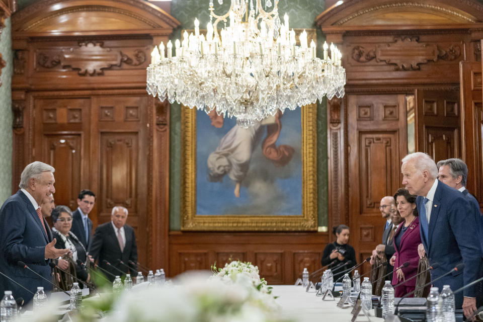 President Joe Biden, right, sits down for a meeting with Mexican President Andres Manuel Lopez Obrador, left, at the National Palace in Mexico City, Mexico, Monday, Jan. 9, 2023. (AP Photo/Andrew Harnik)