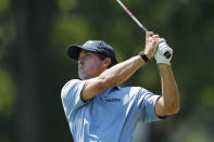 Kevin Kisner drives on the 15th tee during the final round of the Rocket Mortgage Classic golf tournament, Sunday, July 5, 2020, at Detroit Golf Club in Detroit. (AP Photo/Carlos Osorio)